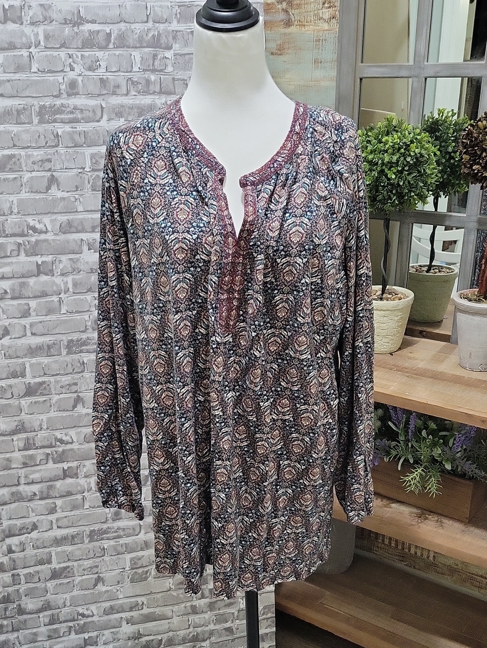 Pure Jill Printed & Embroidered Knit Boho Long Sleeve Tunic Top, Womens Plus 2X